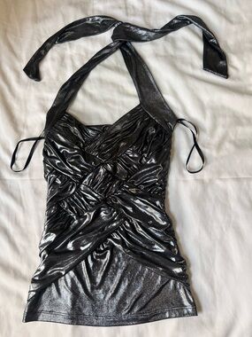 Rare Bebe Vintage Y2K 2000s EUC halter silver XS Womens Top weaved htf party top